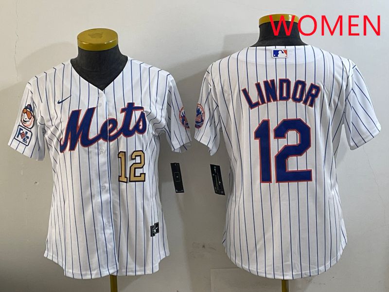 Women New York Mets #12 Lindor White Stirpe Game Fashion 2025 Nike MLB Jersey style 3->women mlb jersey->Women Jersey